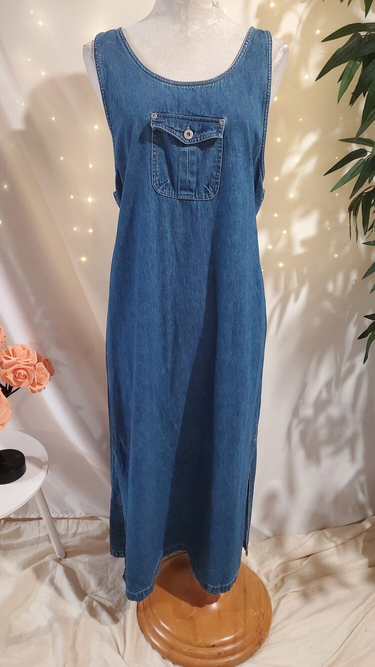 Vtg 90s Bill Blass Denim Daisy Tieback Maxi Overall Dress Size L Cottage Modest